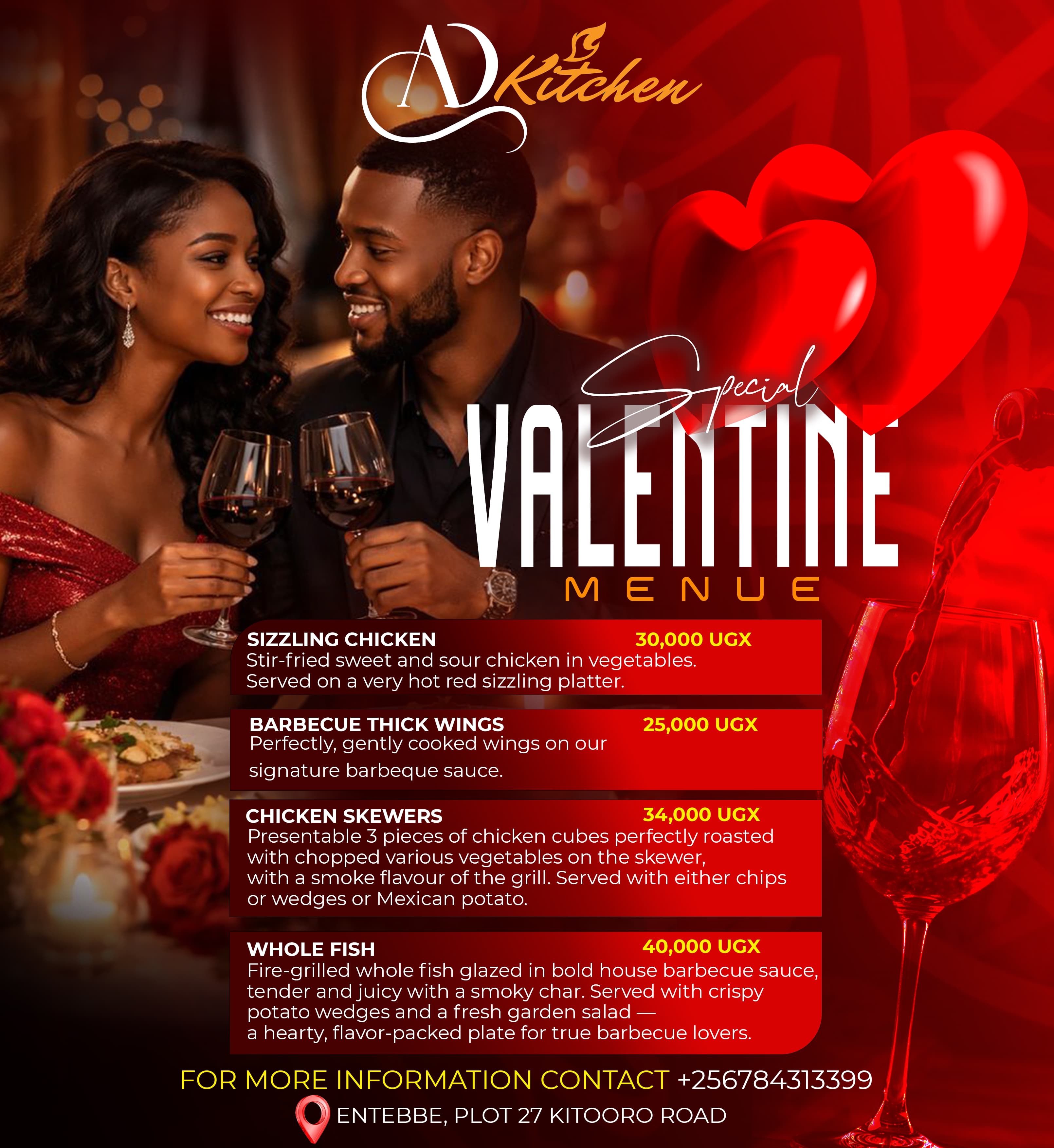 Graphic design by Pacifique Essence, AD Kitchen flyer with warm-toned food photography and bold typography