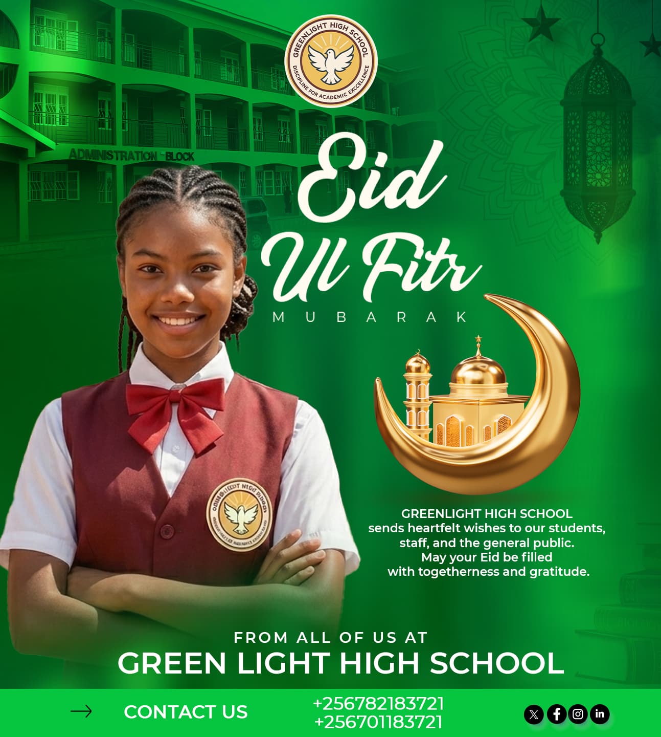Graphic design by Pacifique Essence, school branding mockups showing uniforms, signage, and digital templates